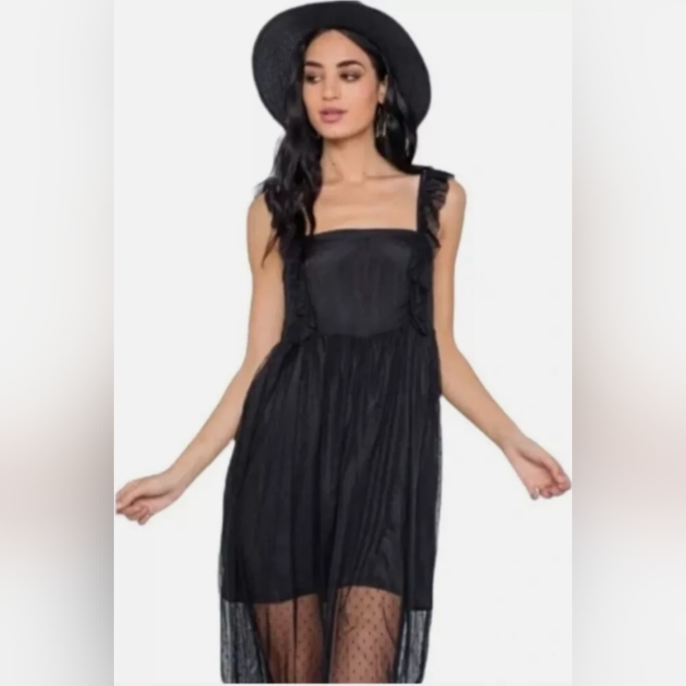Anthropologie Maeve Black Lace Overlay Swiss Dot Balletcore Tulle Midi D…